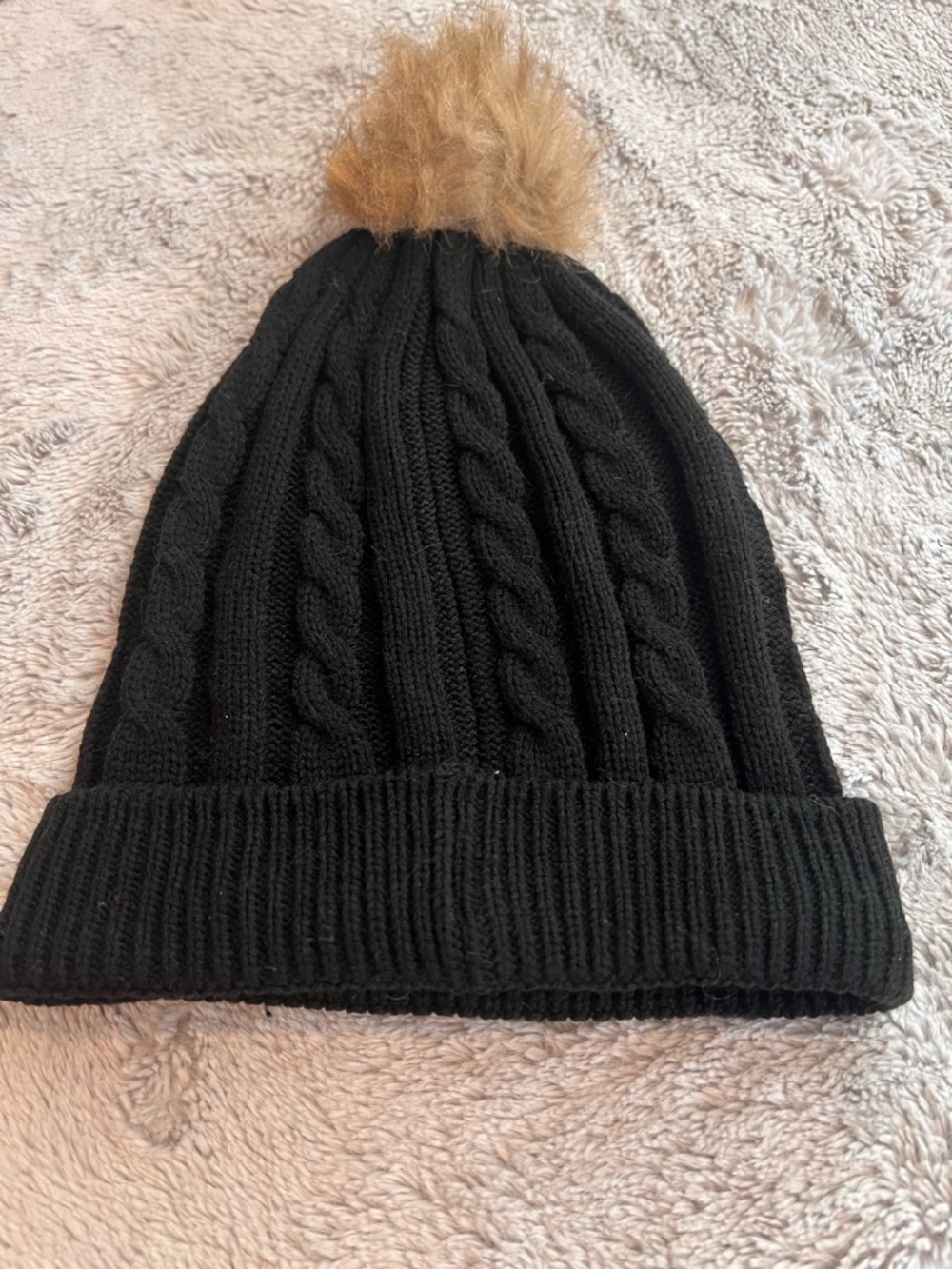 Black Cable Knit Beanie with Faux Fur Pom